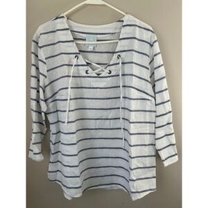 Sunday Striped Lace Up V Neck Linen Blend‎ Top Coastal Nautical Boho L Vacation